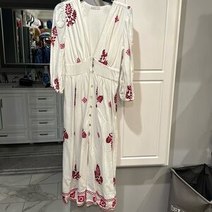 Dress To White with Pink Embroidery Midi Dress